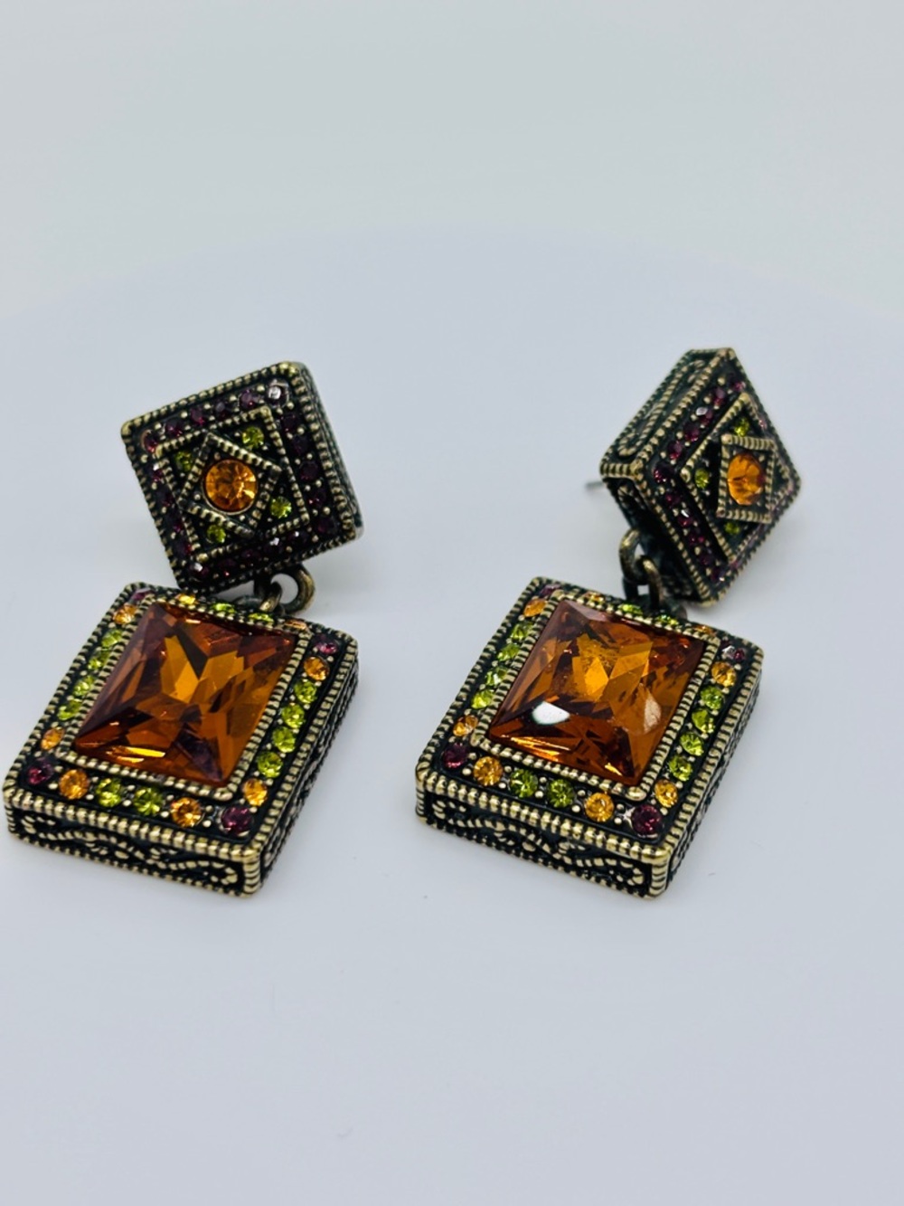 Heidi Daus Amber Swarovski Crystal Drop Earrings with Green Accent - Picture 8 of 10